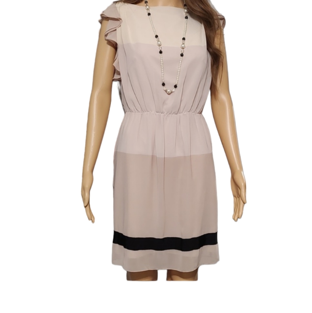 Loft Colorblock Cream & Taupe Sleeveless Dress w/Ruffles st Armhole sz 2